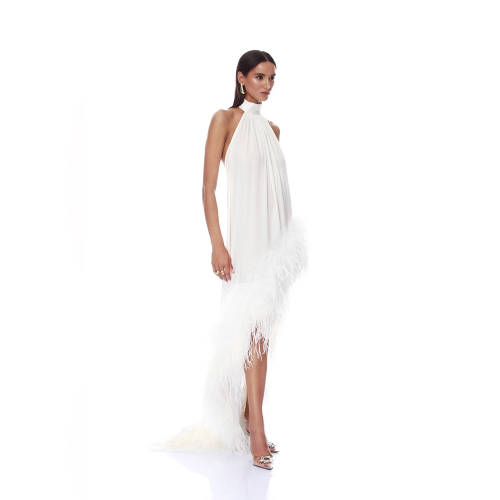 Bronx & Banco White Madeline Halter Neck Ostrich Feather Backless Gown XS NWOT - Picture 8 of 17